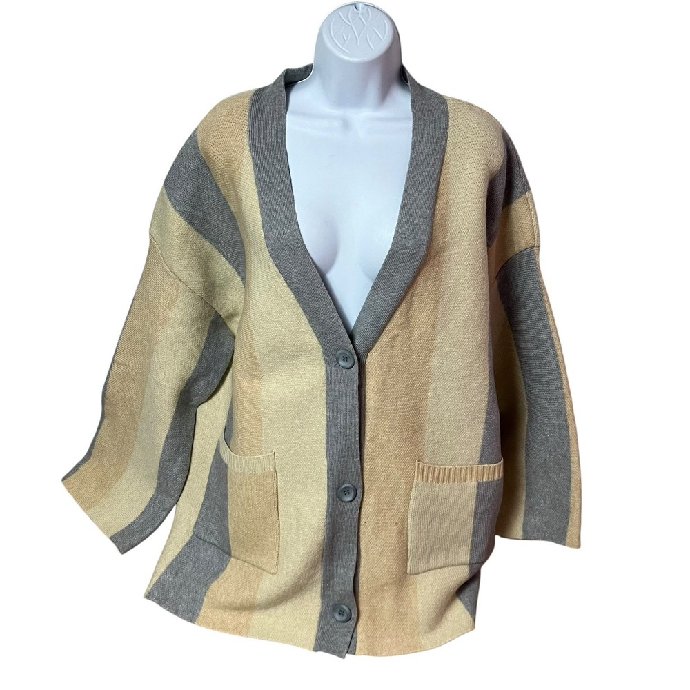 Cozy Oversized Cardigan L Beige Gray Striped Academia Eclectic Grandpa Preppy
